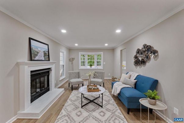 Fireplace, Interior, Living room, Recessed Lighting, Wood Texture Flooring