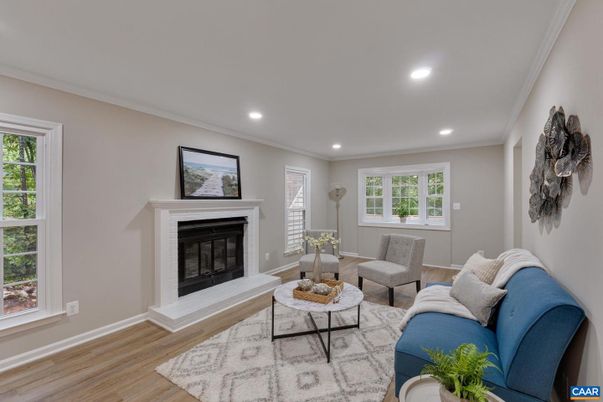 Fireplace, Interior, Living room, Recessed Lighting, Wood Texture Flooring