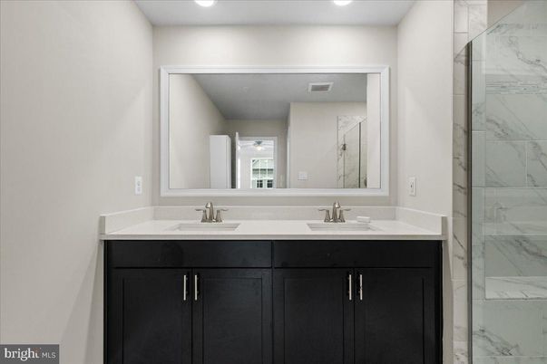 Bathroom, Dual Sink Vanities, Interior, Marble Walls, Recessed Lighting
