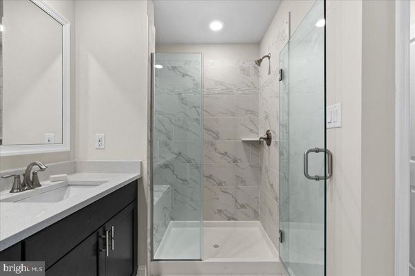 Bathroom, Glass Shower, Interior, Marble Walls, Recessed Lighting