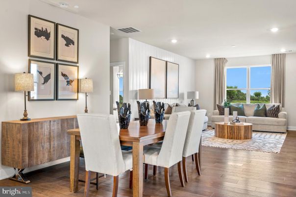 Dining room, Interior, Living room, Recessed Lighting, Wood Texture Flooring