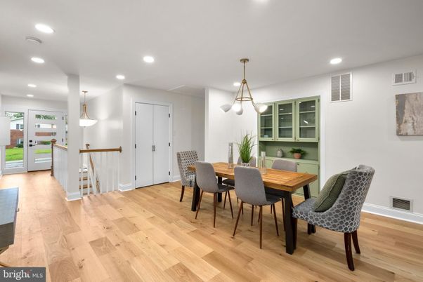 Dining room, Interior, Pendant Lights, Recessed Lighting, Wood Texture Flooring
