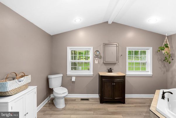 Bathroom, Interior, Recessed Lighting, Wood Texture Flooring