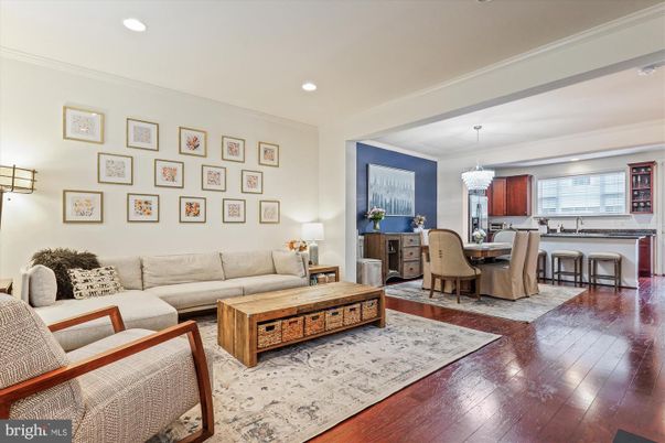 Chandelier, Dining room, Interior, Kitchen, Living room, Recessed Lighting, Wood Texture Flooring