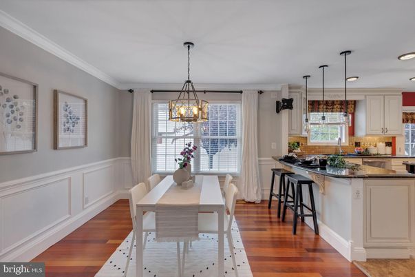 Dining room, Interior, Pendant Lights, Recessed Lighting, Wood Texture Flooring