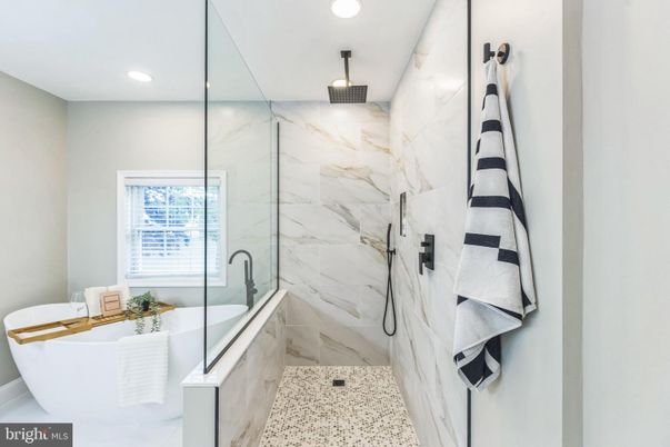 Bathroom, Glass Shower, Interior, Marble Walls, Recessed Lighting
