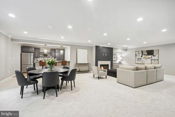 Dining room, Fireplace, Interior, Kitchen, Living room, Recessed Lighting, Stainless Steel Appliances