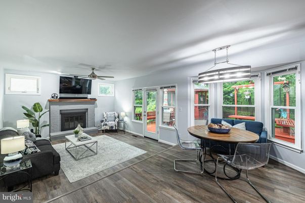 Dining room, Fireplace, Interior, Living room, Pendant Lights, Wood Texture Flooring