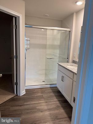 Bathroom, Glass Shower, Interior, Recessed Lighting, Wood Texture Flooring