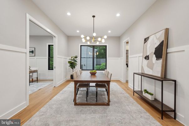Dining room, Interior, Pendant Lights, Recessed Lighting, Wood Texture Flooring