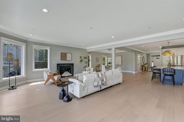 Dining room, Fireplace, Interior, Kitchen, Living room, Pendant Lights, Recessed Lighting, Wood Texture Flooring