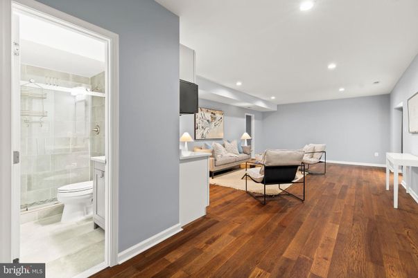 Bathroom, Glass Shower, Interior, Recessed Lighting, Wood Texture Flooring