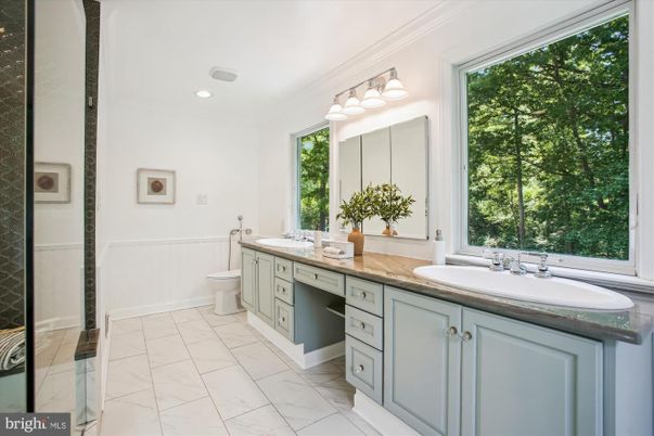 Bathroom, Dual Sink Vanities, Interior, Marble, Recessed Lighting