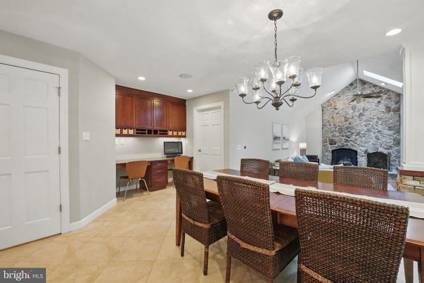 Chandelier, Dining room, Fireplace, Interior, Kitchen, Recessed Lighting, Stone Walls