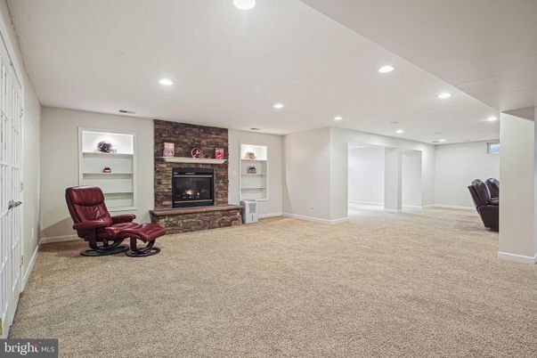 Empty room, Fireplace, Interior, Recessed Lighting, Stone Walls