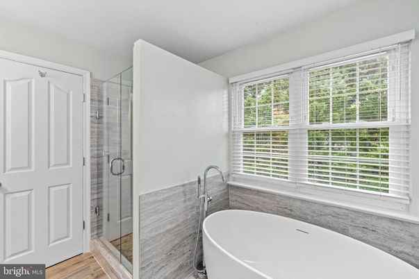 Bathroom, Free Standing Baths, Glass Shower, Interior, Wood Texture Flooring