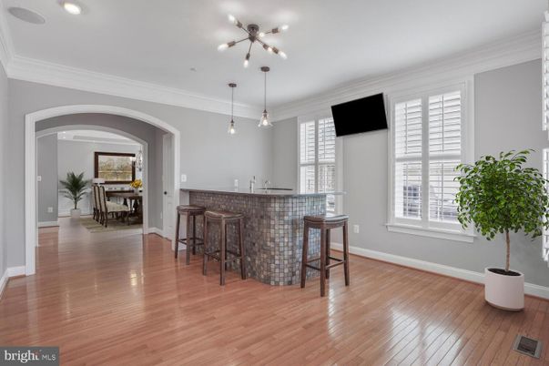 Dining room, Interior, Pendant Lights, Recessed Lighting, Wood Texture Flooring