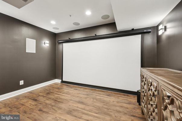 Empty room, Interior, Projection Screen, Recessed Lighting, Wood Texture Flooring