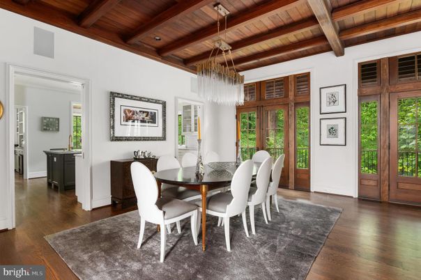 Dining room, Interior, Pendant Lights, Recessed Lighting, Wooden Beams, Wooden Ceilings, Wood Texture Flooring