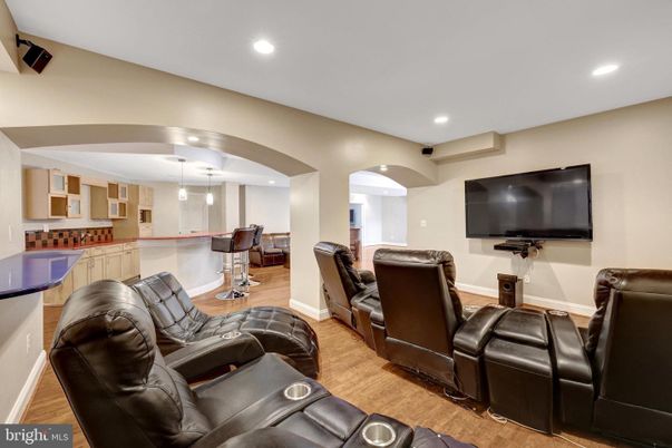 Home Theatre Room, Interior, Living room, Pendant Lights, Recessed Lighting, Theatre Room, Wood Texture Flooring