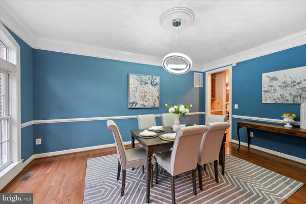 Dining room, Interior, Pendant Lights, Wood Texture Flooring