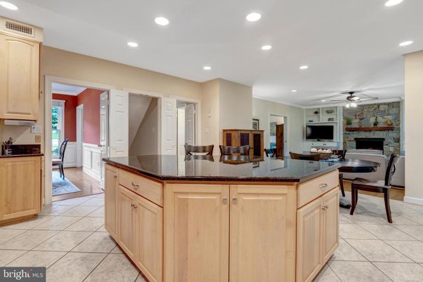 Dining room, Fireplace, Interior, Kitchen, Recessed Lighting, Stone Walls