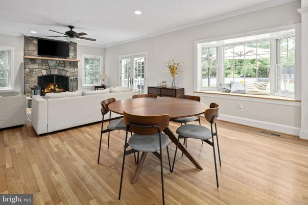 Dining room, Fireplace, Interior, Living room, Recessed Lighting, Wood Texture Flooring