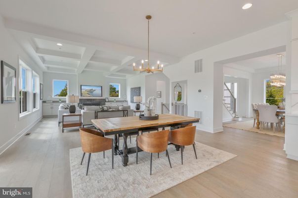 Chandelier, Dining room, Interior, Living room, Pendant Lights, Recessed Lighting, Wood Texture Flooring