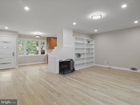Empty room, Fireplace, Interior, Recessed Lighting, Wood Texture Flooring
