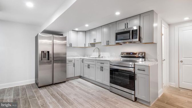 Interior, Kitchen, Recessed Lighting, Stainless Steel Appliances, Wood Texture Flooring