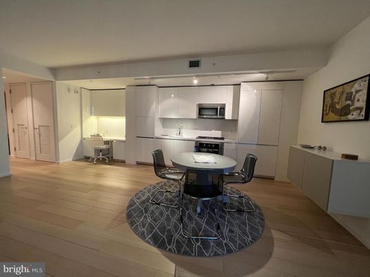 Dining room, Interior, Kitchen, Recessed Lighting, Stainless Steel Appliances, Wood Texture Flooring
