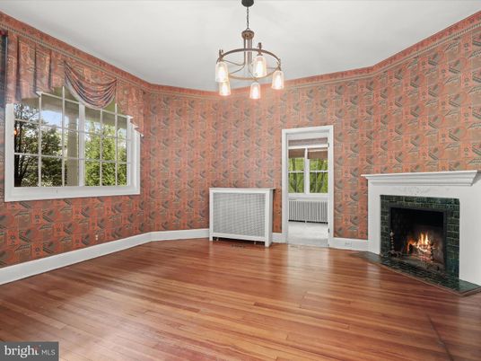 Empty room, Fireplace, Interior, Pendant Lights, Wood Texture Flooring
