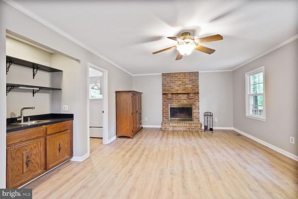 Empty room, Fireplace, Interior, Stone Walls, Wood Texture Flooring