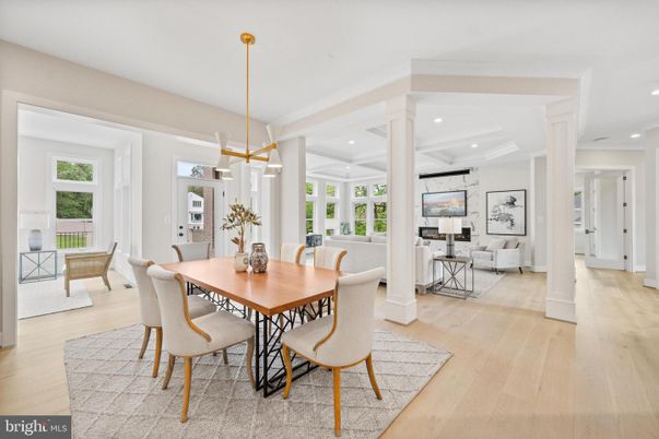 Dining room, Interior, Living room, Pendant Lights, Recessed Lighting, Wood Texture Flooring