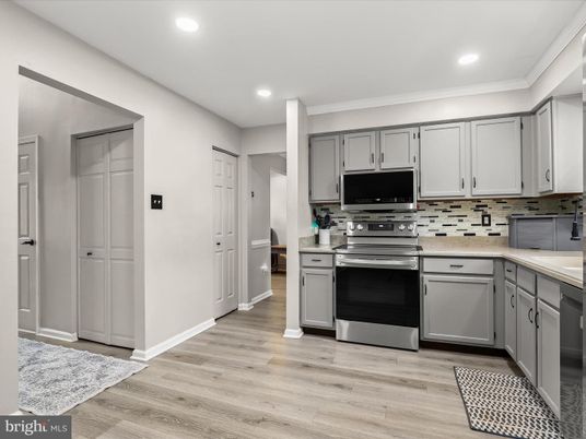 Interior, Kitchen, Recessed Lighting, Stainless Steel Appliances, Wood Texture Flooring
