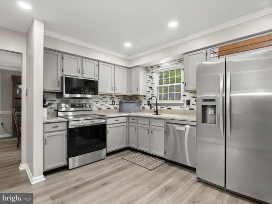 Interior, Kitchen, Recessed Lighting, Stainless Steel Appliances, Wood Texture Flooring