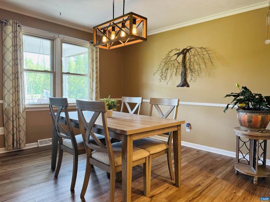 Dining room, Interior, Pendant Lights, Wood Texture Flooring