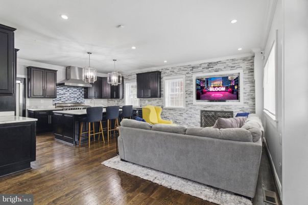 Fireplace, Interior, Kitchen, Living room, Pendant Lights, Recessed Lighting, Stone Walls, Wood Texture Flooring
