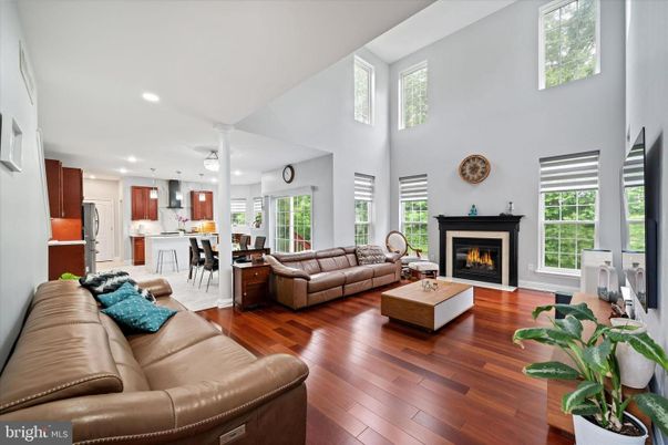 Fireplace, Interior, Kitchen, Living room, Pendant Lights, Recessed Lighting, Wood Texture Flooring