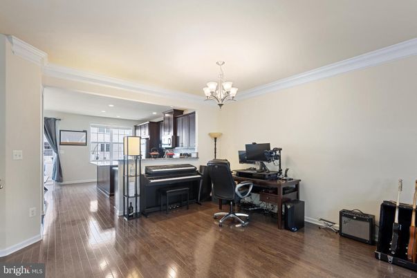 Chandelier, Home Office, Interior, Kitchen, Piano, Recessed Lighting, Wood Texture Flooring