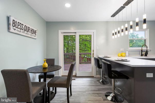 Dining room, Interior, Pendant Lights, Recessed Lighting, Wood Texture Flooring