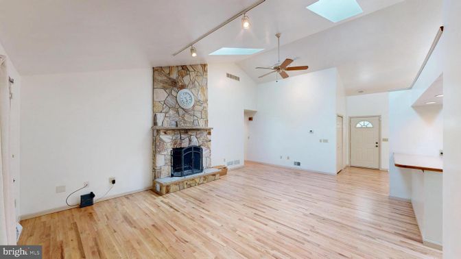 Empty room, Fireplace, Interior, Stone Walls, Wood Texture Flooring