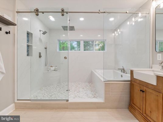 Bathroom, Glass Shower, Interior, Marble Walls, Recessed Lighting