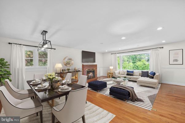Dining room, Fireplace, Interior, Living room, Pendant Lights, Recessed Lighting, Wood Texture Flooring