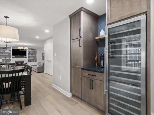 Dining room, Fireplace, Interior, Kitchen, Living room, Pendant Lights, Recessed Lighting, Wood Texture Flooring