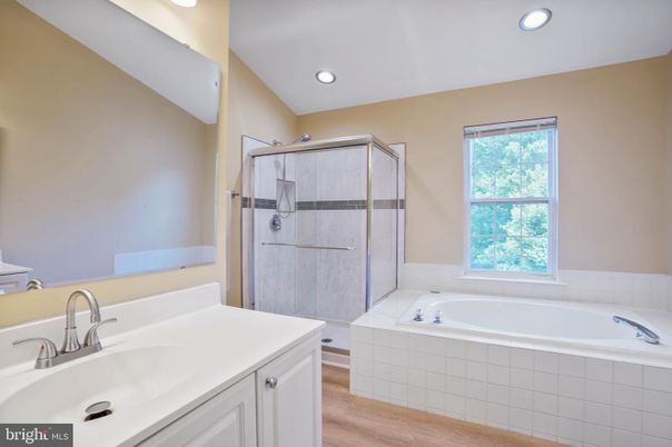 Bathroom, Glass Shower, Interior, Recessed Lighting, Wood Texture Flooring