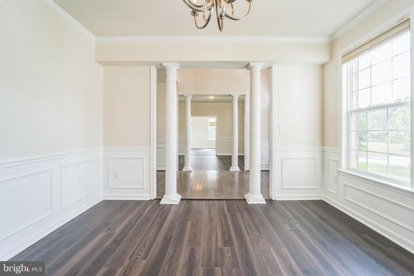 Chandelier, Empty room, Interior, Recessed Lighting, Wood Texture Flooring