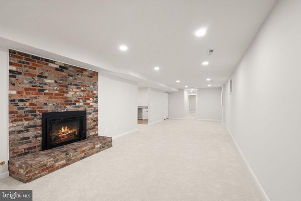 Empty room, Fireplace, Interior, Recessed Lighting, Stone Walls