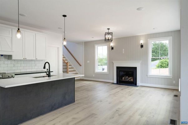 Fireplace, Interior, Kitchen, Pendant Lights, Recessed Lighting, Wood Texture Flooring