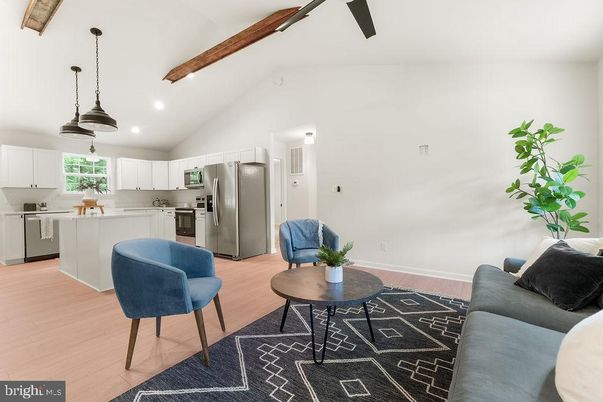 Interior, Kitchen, Living room, Pendant Lights, Recessed Lighting, Stainless Steel Appliances, Wooden Beams, Wood Texture Flooring